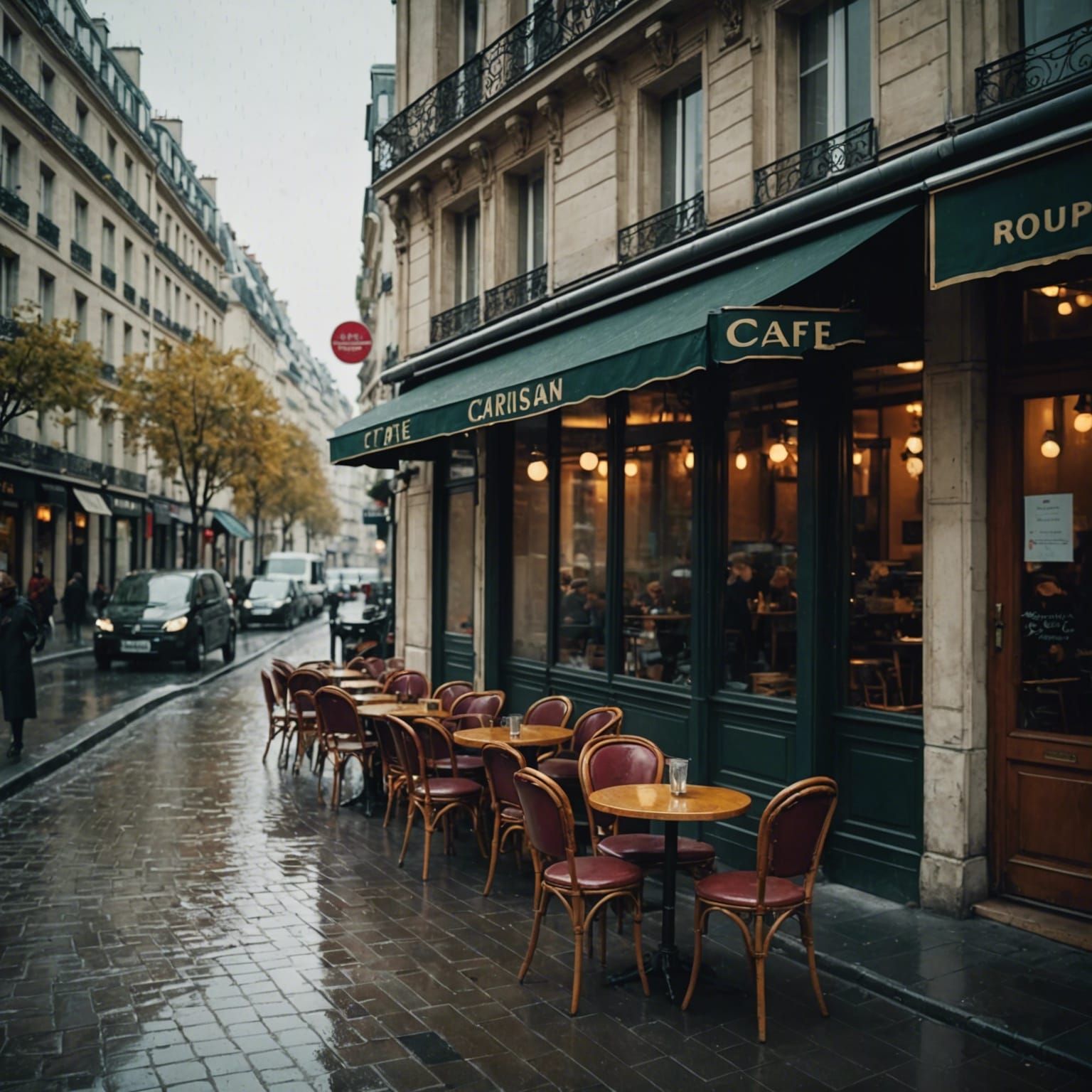 Rainy Day at a Parisian Café: Cinematic Film Still