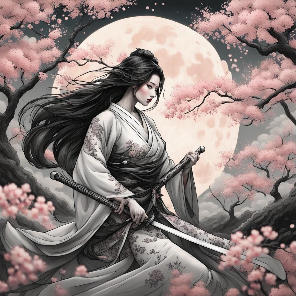 Samurai and Mermaid Fight in Cherry Blossom Field