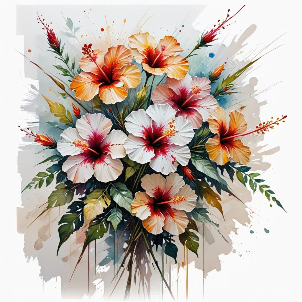 Hibiscus Bouquet Oil Painting in Afremov Palette Knife Style