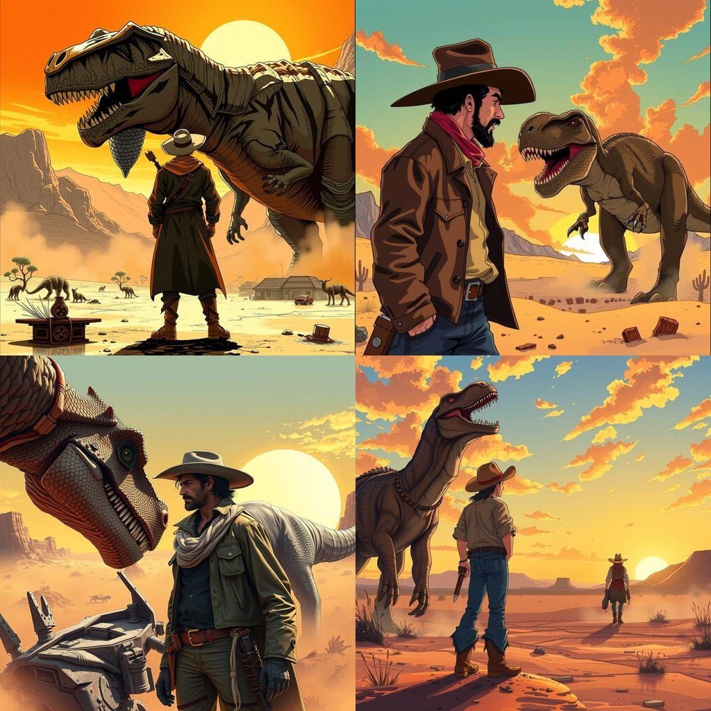 Cowboy and Dinosaur Standoff in Anime Style