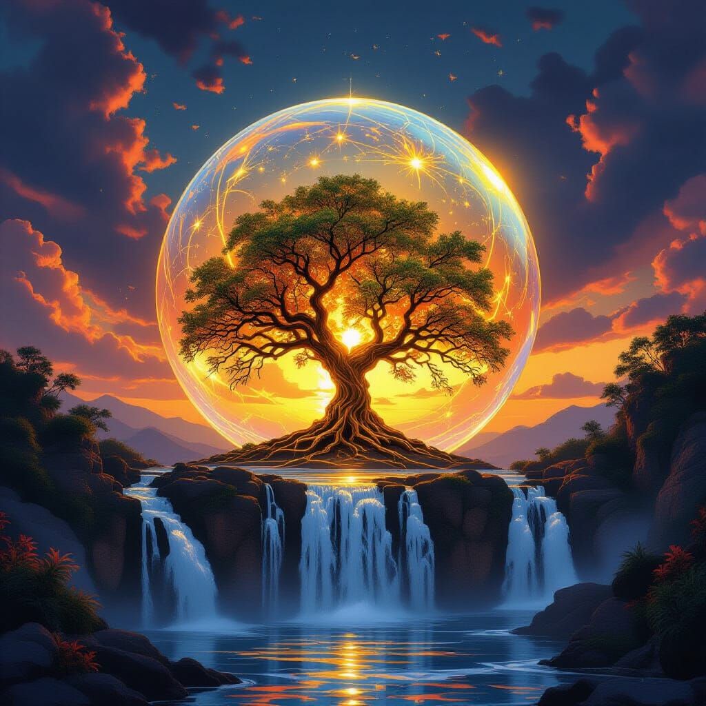 Mystical fantasy waterfall surrounding a luminescent golden ...