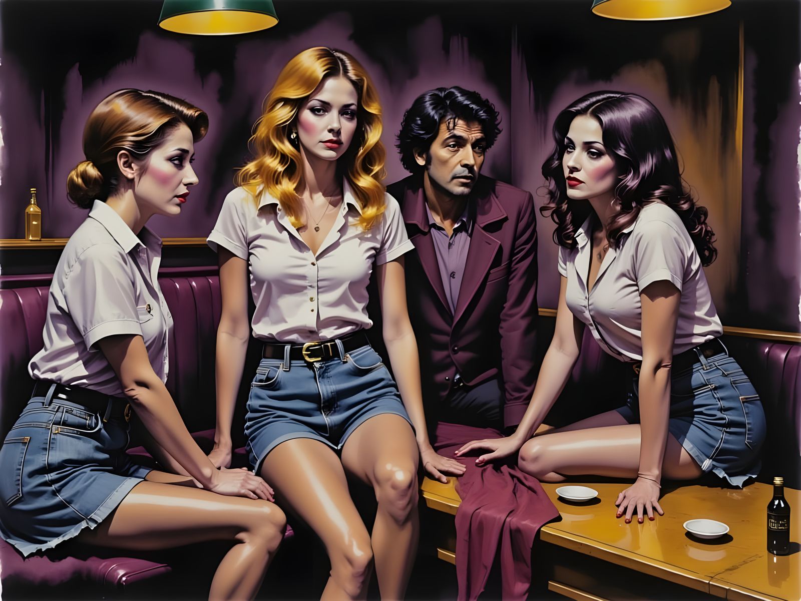 Vibrant 1980s Bar Scene with Denim Fashion