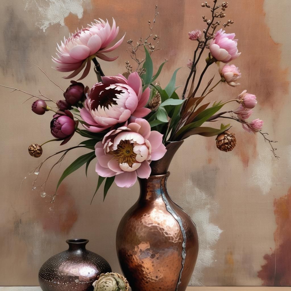 Wabi Sabi Ikebana Sculpture with Peonies and Orchids