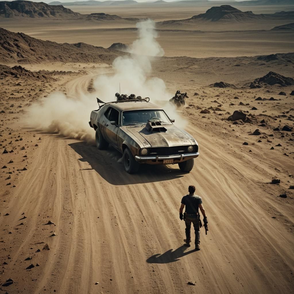 Dramatic Cinematic Still in Mad Max Style