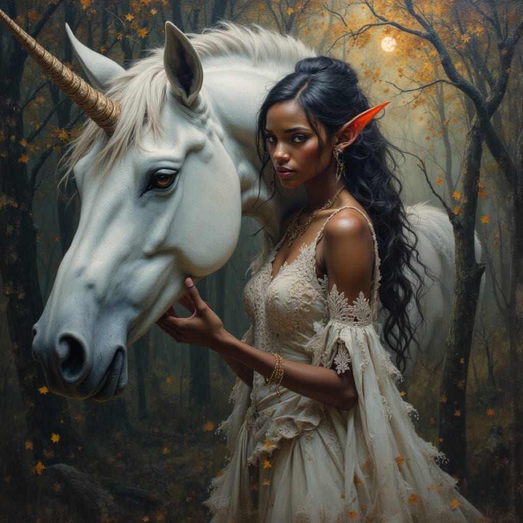 Elven Model Beside Unicorn in Haunted Autumn Forest