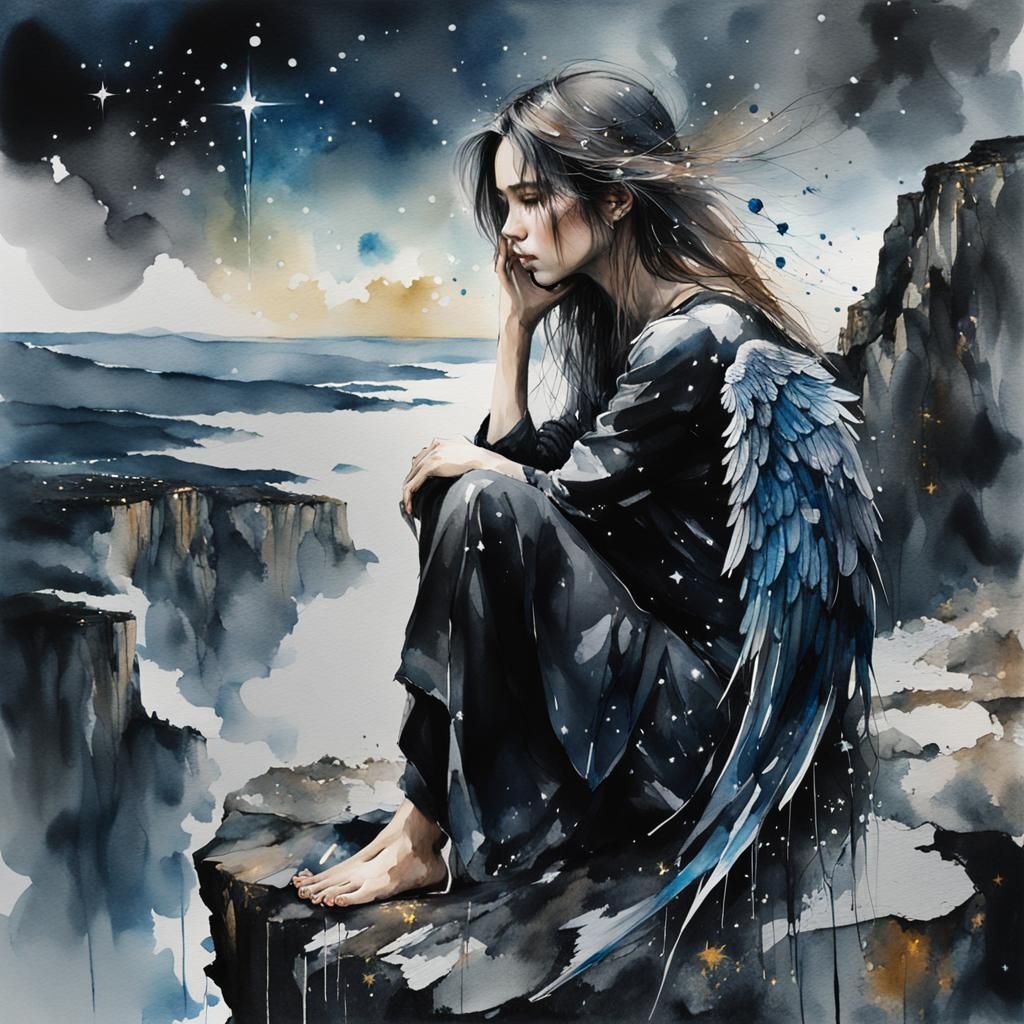 Melancholic Dark Angel on Cliff in Moody Watercolor