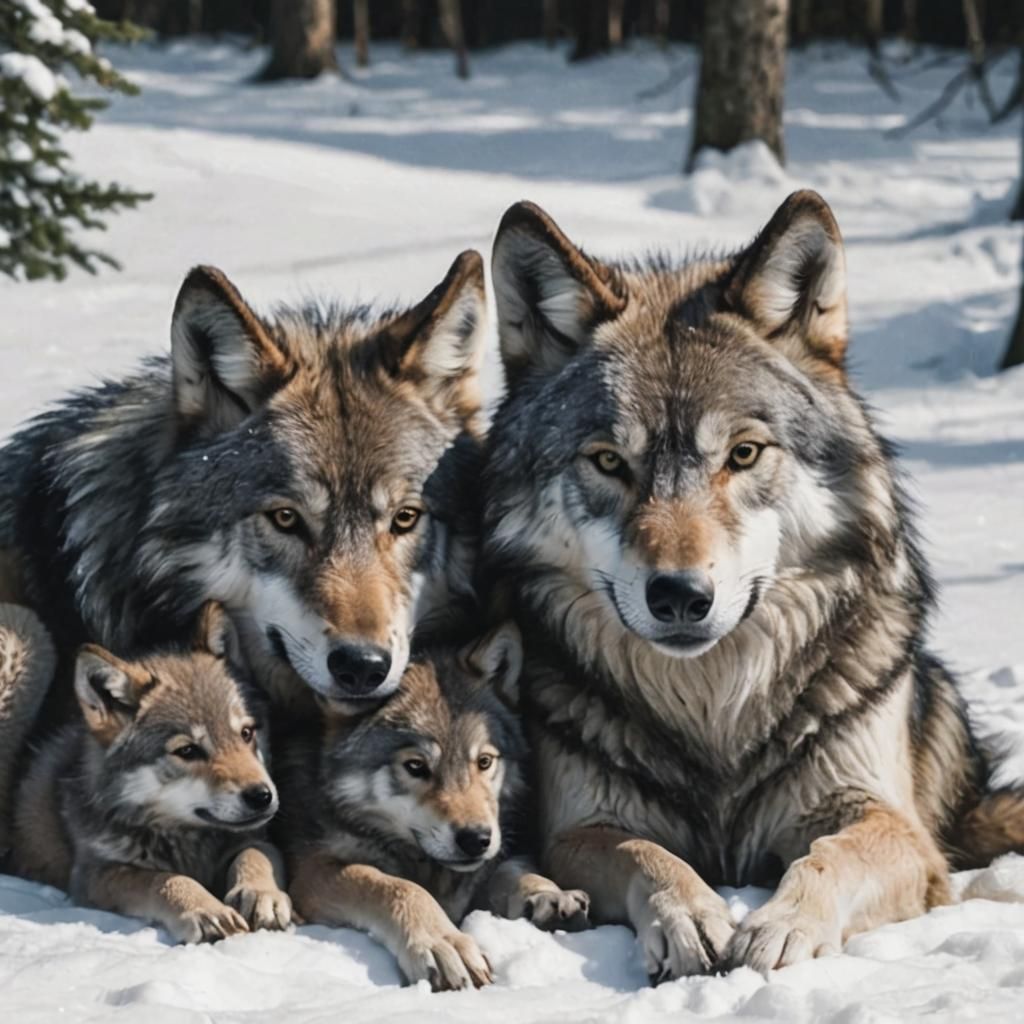 Affectionate Wolf Family Cuddling Together