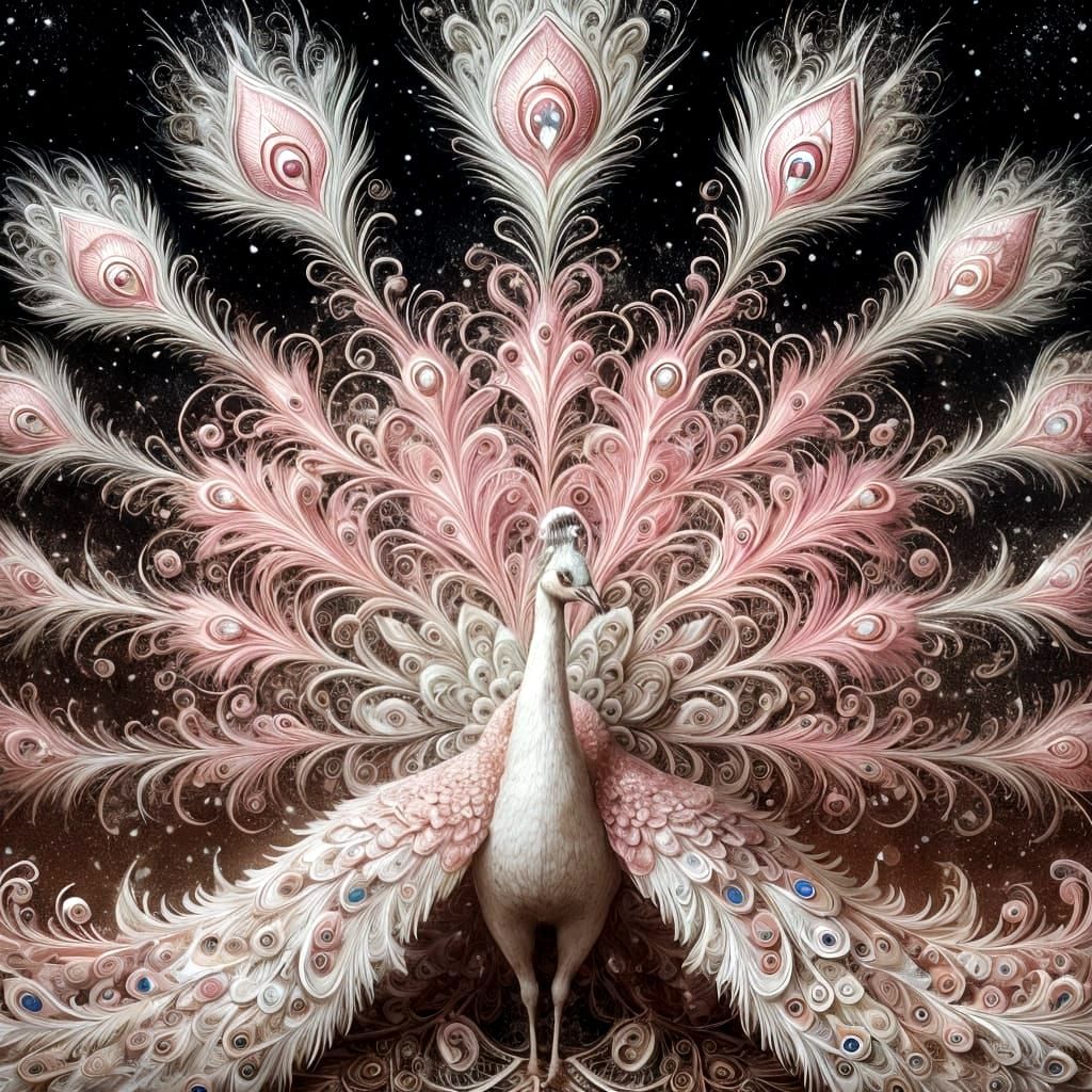 Magnificent Pink and White Peacock in Pre-1912 Danish Pastel...
