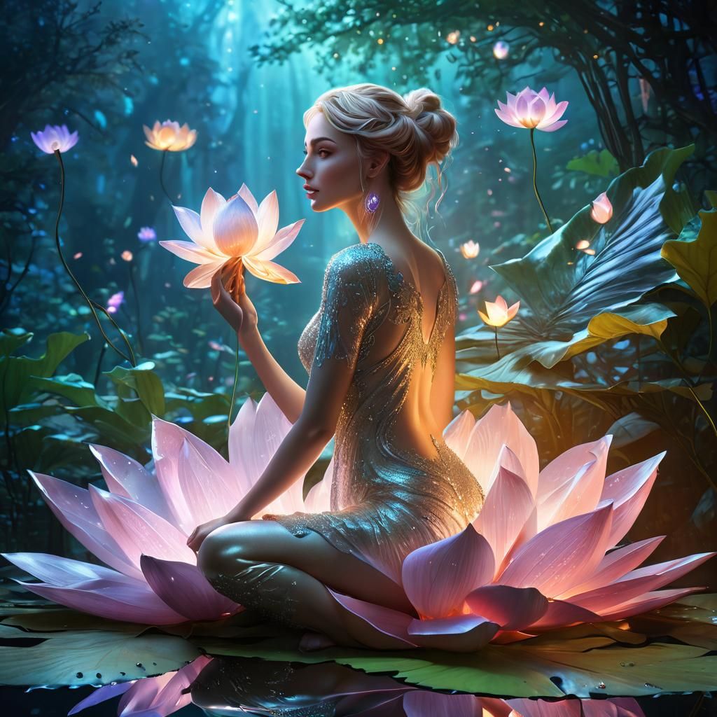 Opalescent Woman in Lotus, Digital Fantasy Art