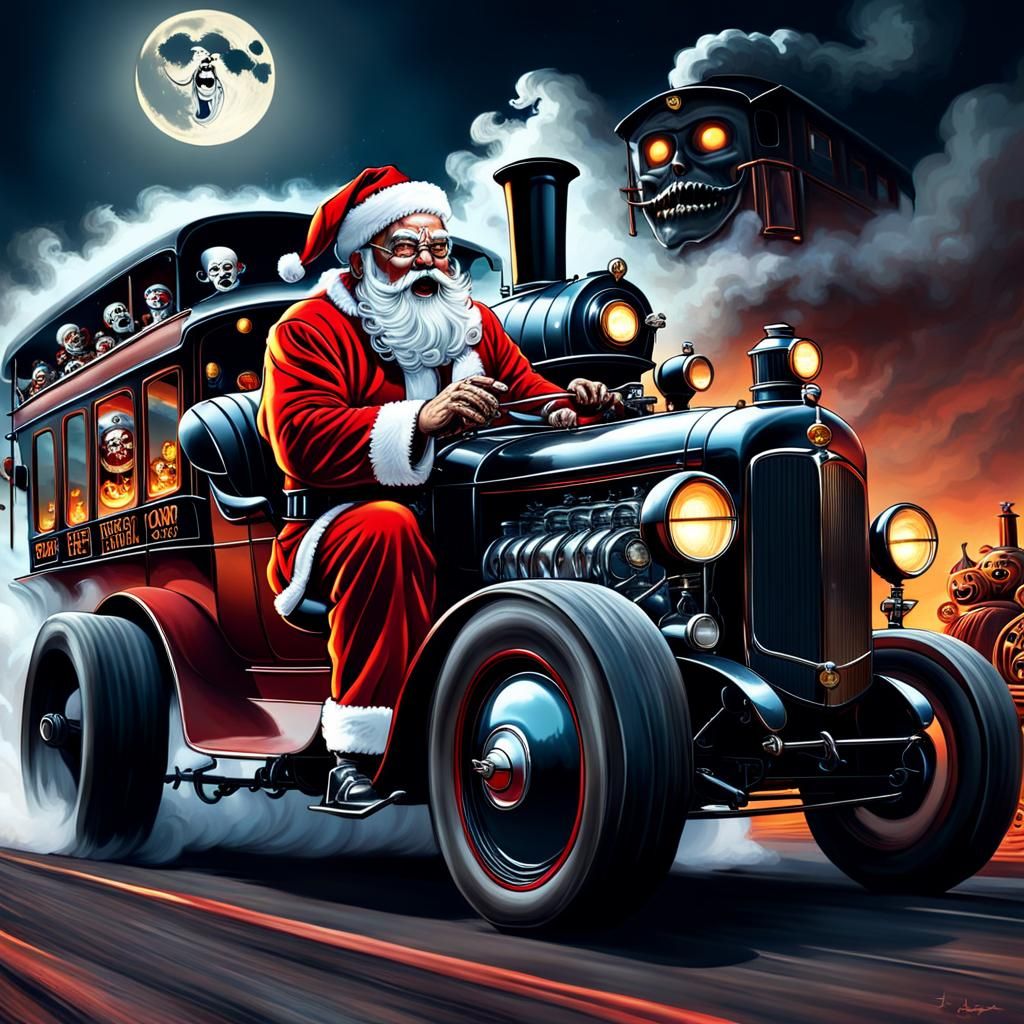 Sinister Santa Speeds through the Night in a Vintage Hot Rod
