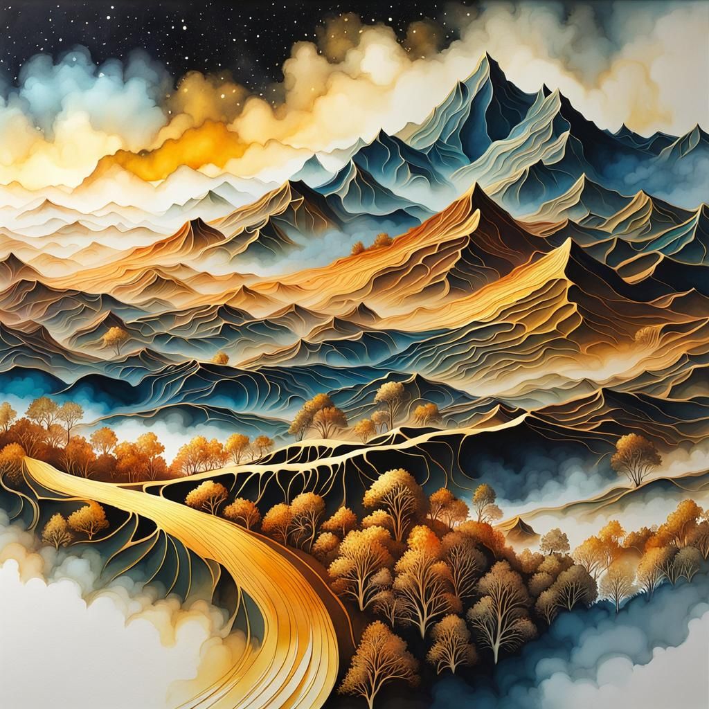 Vibrant Fractal Landscape in Mixed Media Style