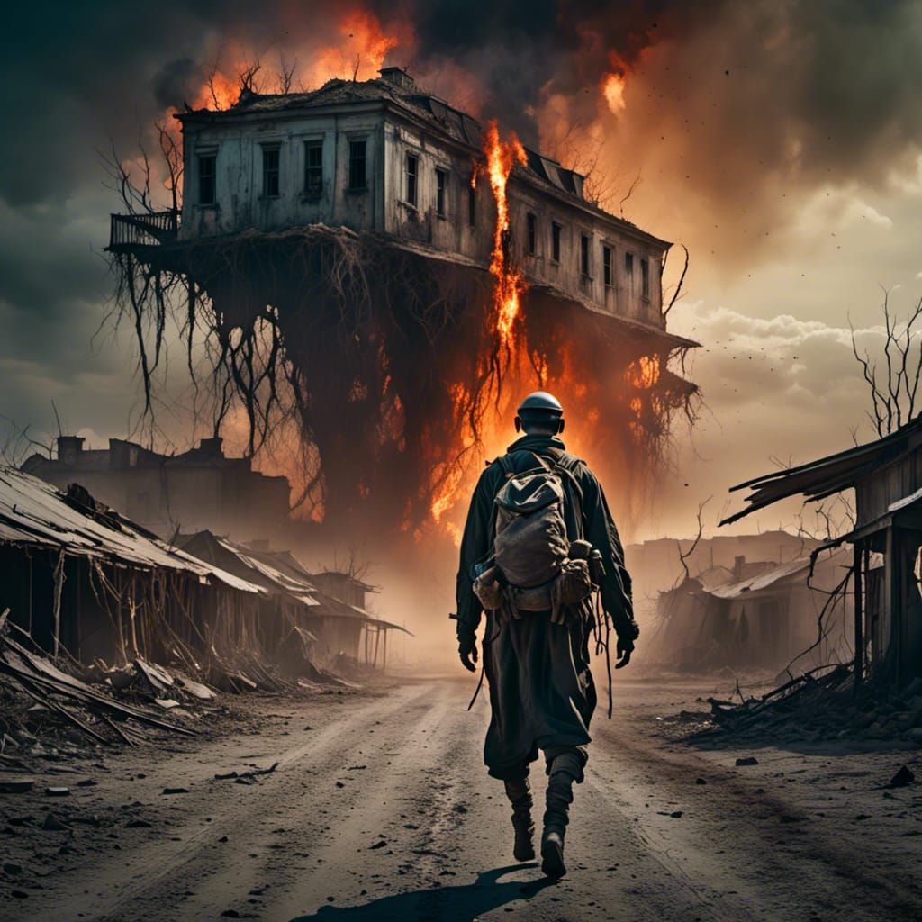 Futuristic Soldier in Post-Apocalyptic Cityscape