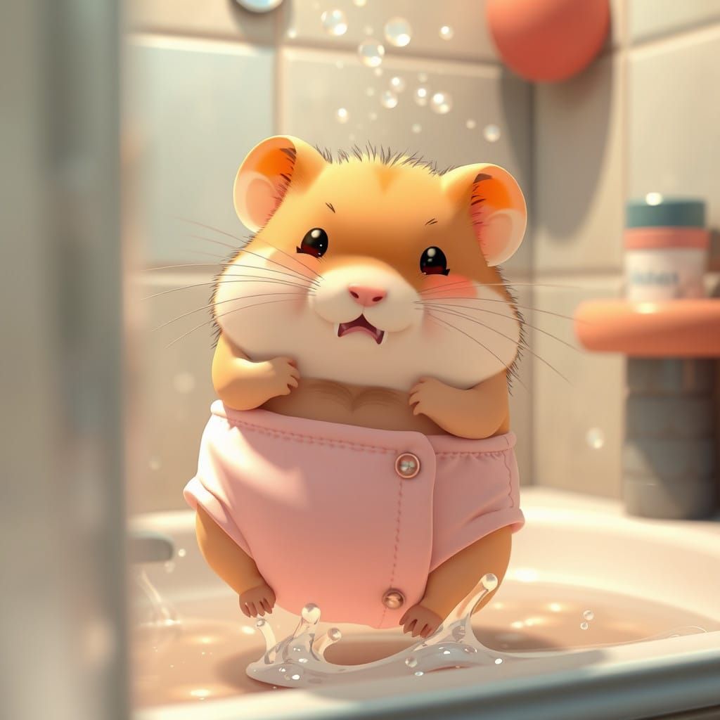 Chubby Hamster in Whimsical Shower Scene