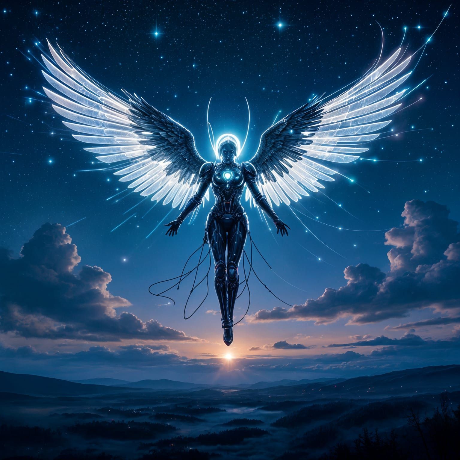 Cybernetic Angel's Celestial Song in Midnight Sky