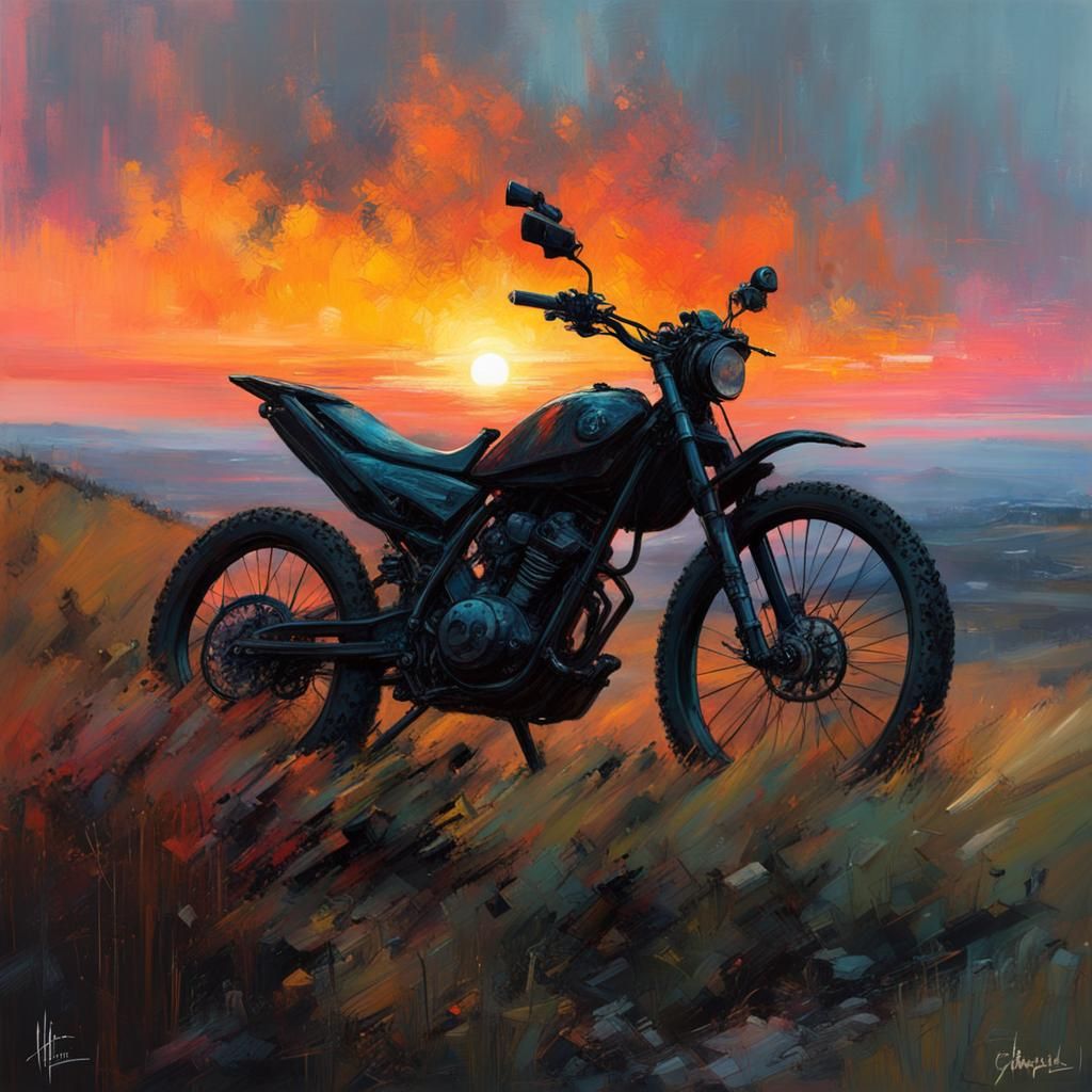 Black Motorcycle at Sunset: Colorful Matte Painting