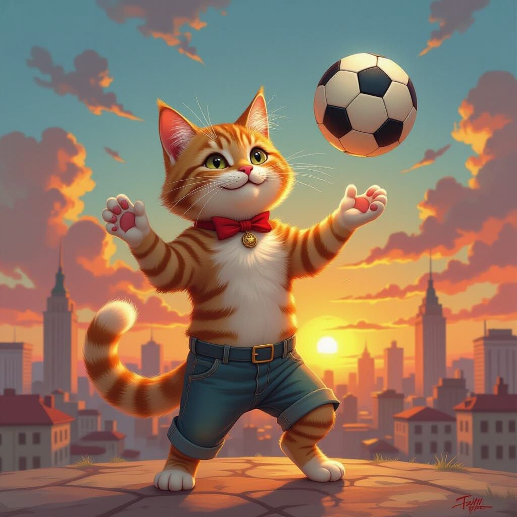 Surreal Cat-Man Juggling Soccer Ball in Impressionistic City...