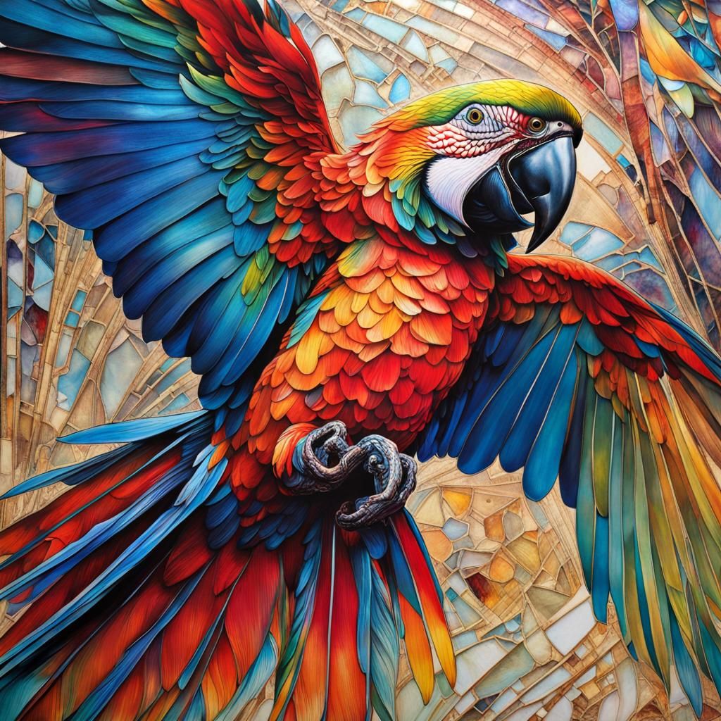Vibrant Parrot in Flight: Stained Glass Painting