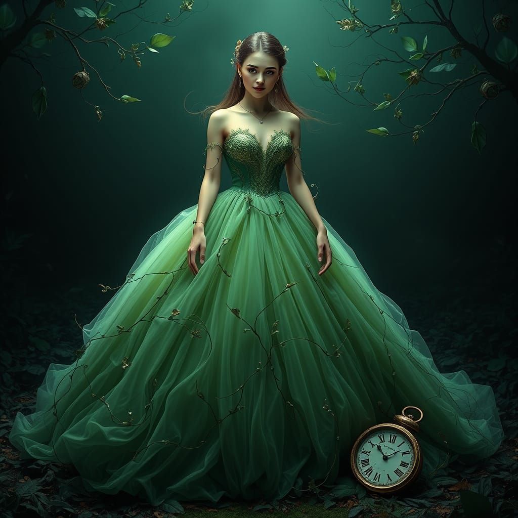 Ethereal Goddess in Emerald Ball Gown, Surrounded by Whisper...