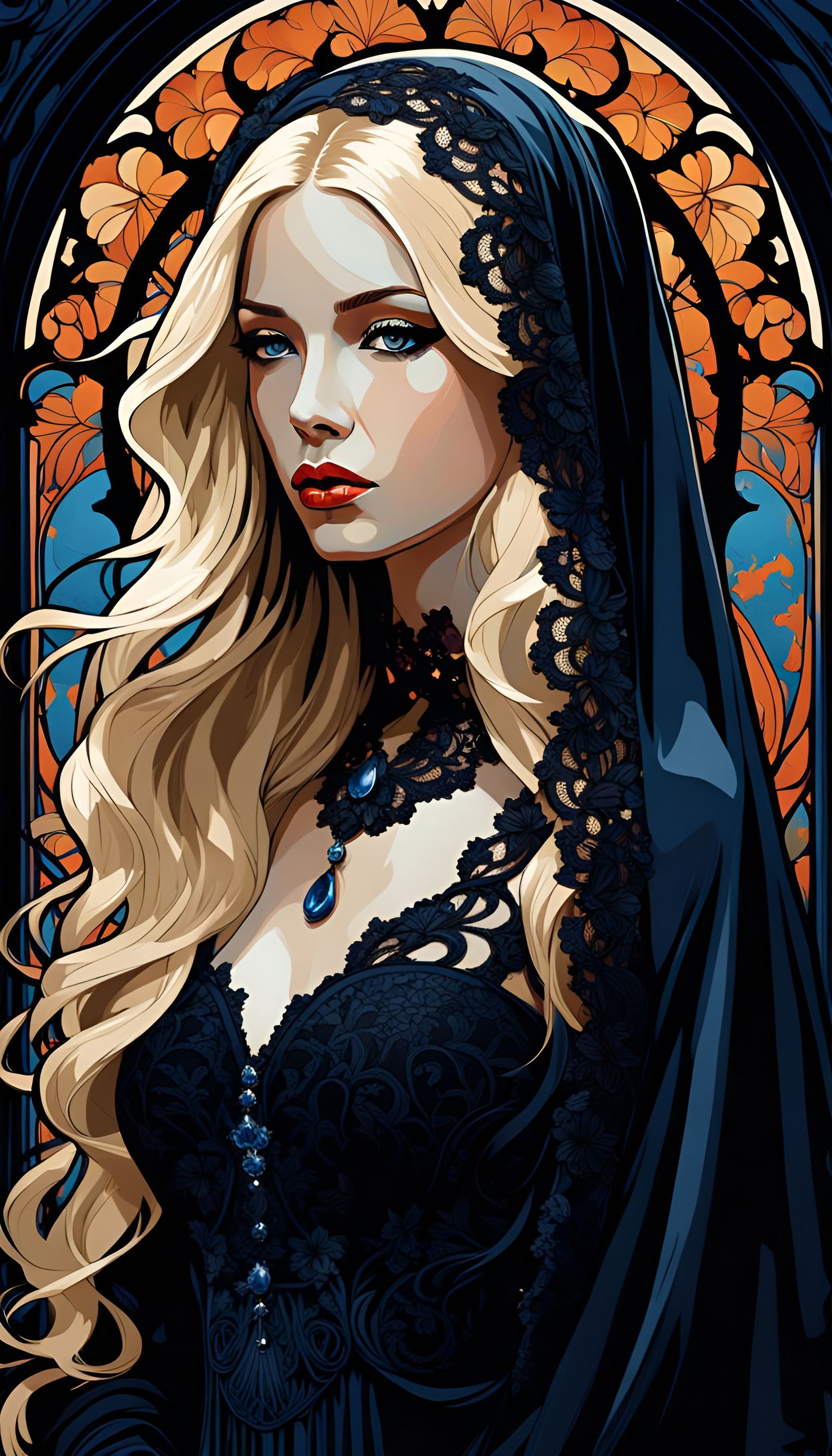 Art Nouveau Woman in Black Lace with Veil
