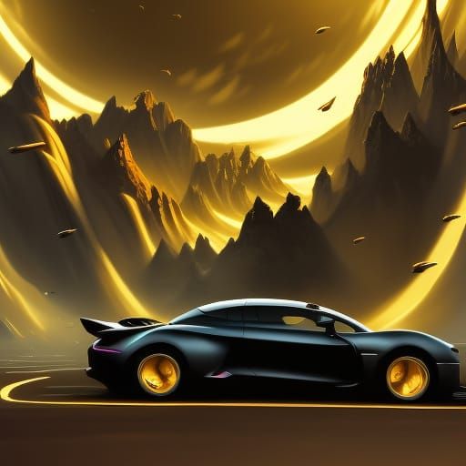 Black Car on Gold Road in Dark Fantasy Style