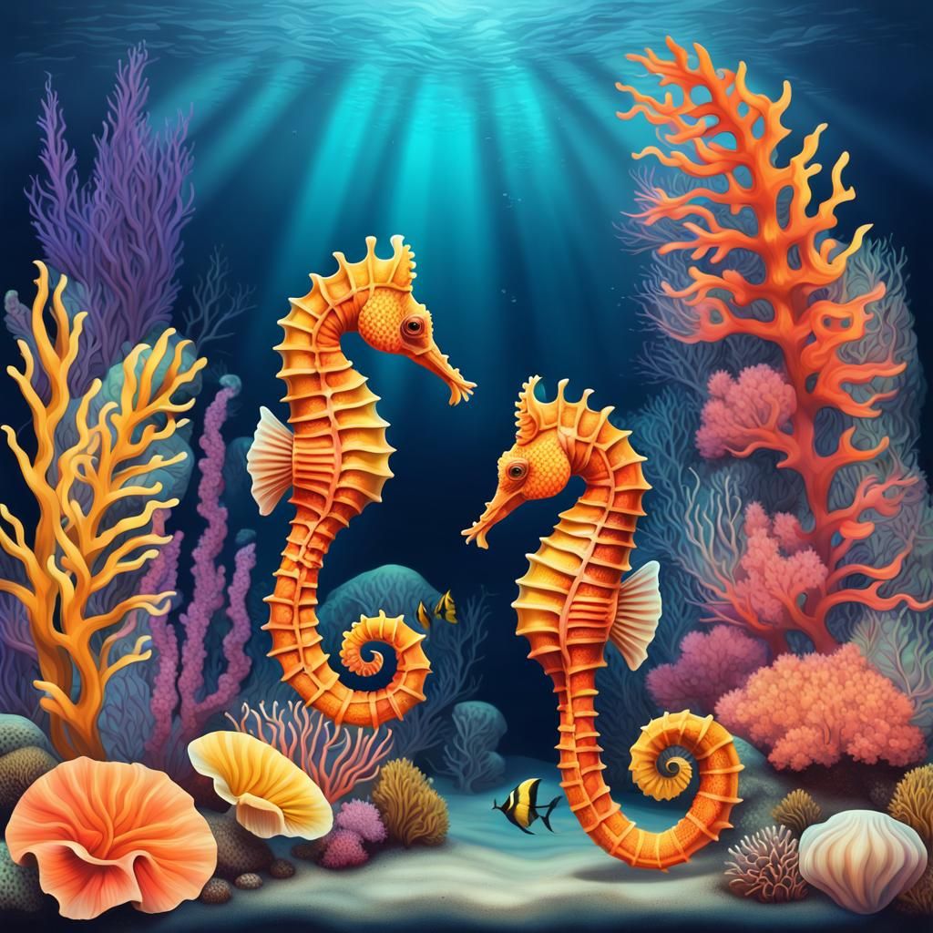 Vibrant Seahorses in a Colorful Coral Reef