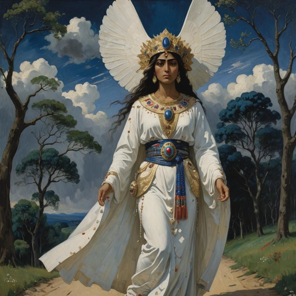 Assyrian Goddess Descends, Photorealistic and Surreal