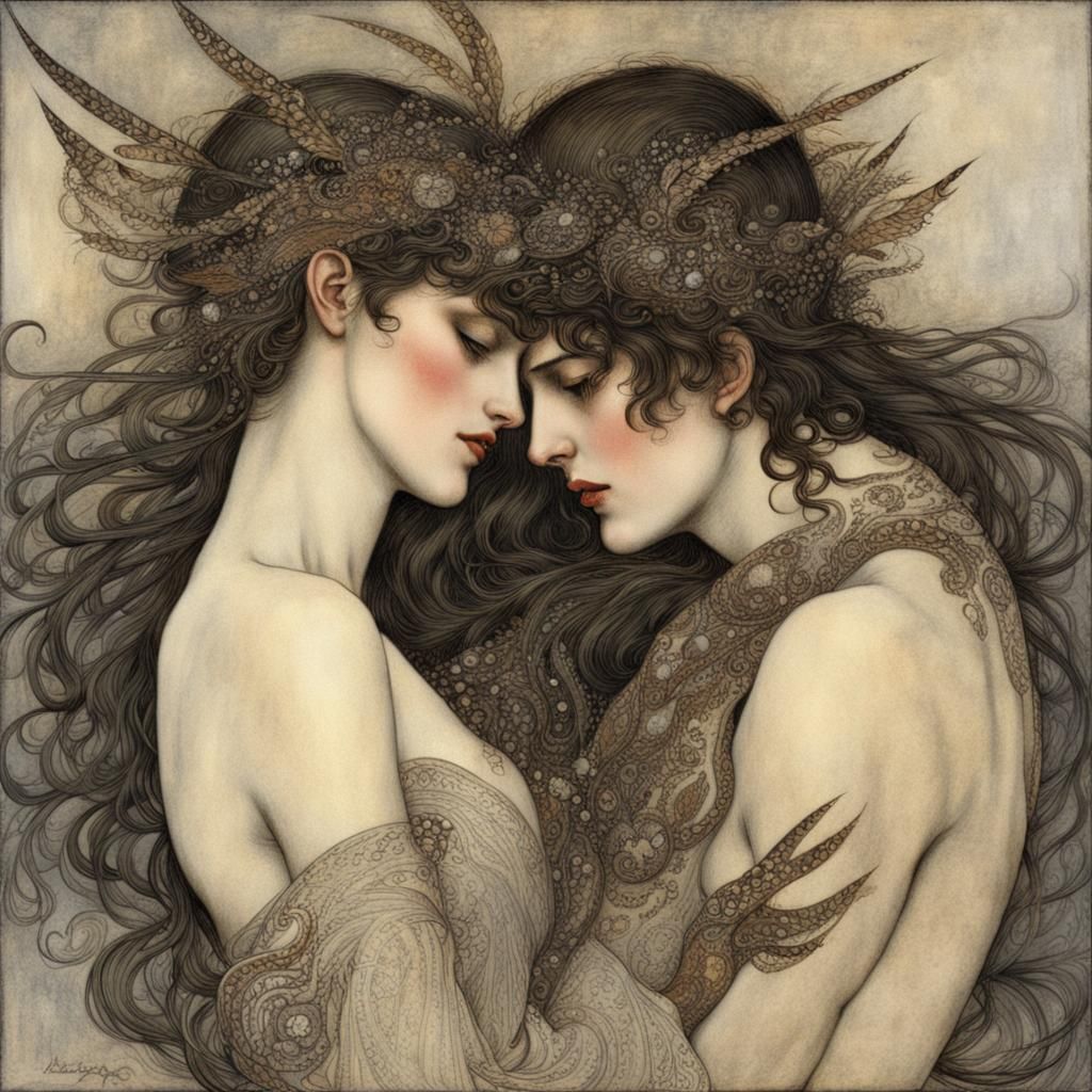 Passionate Embrace: Ornate Arthur Rackham Style
