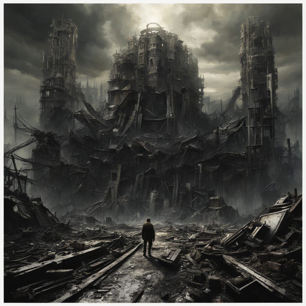 Post-Apocalyptic Ruins in a Dark, Gritty Landscape