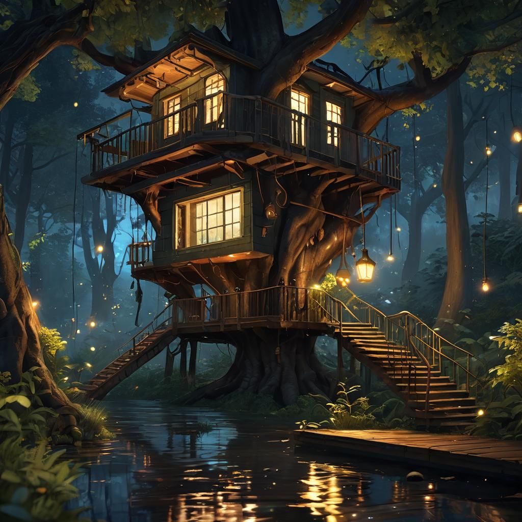 Bioluminescent Treehouse in Anime Style 3D Art