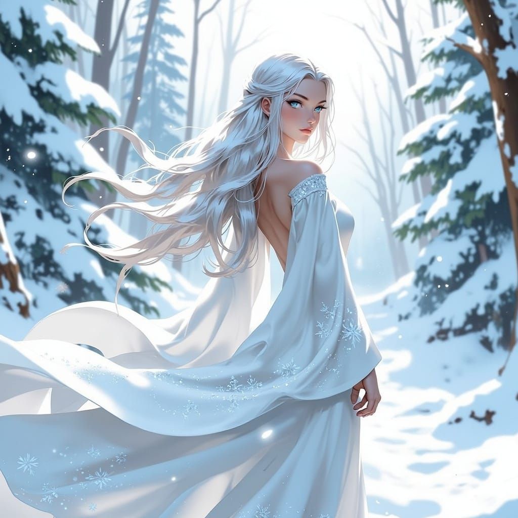 Majestic White Anime Woman in Snowy Landscape