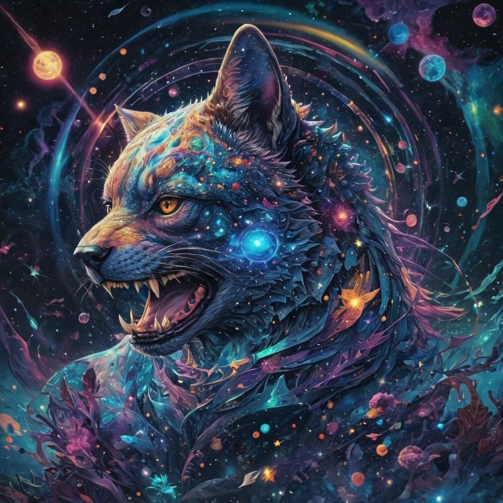 Holographic Cosmic Shark Illustration in Mixed Media