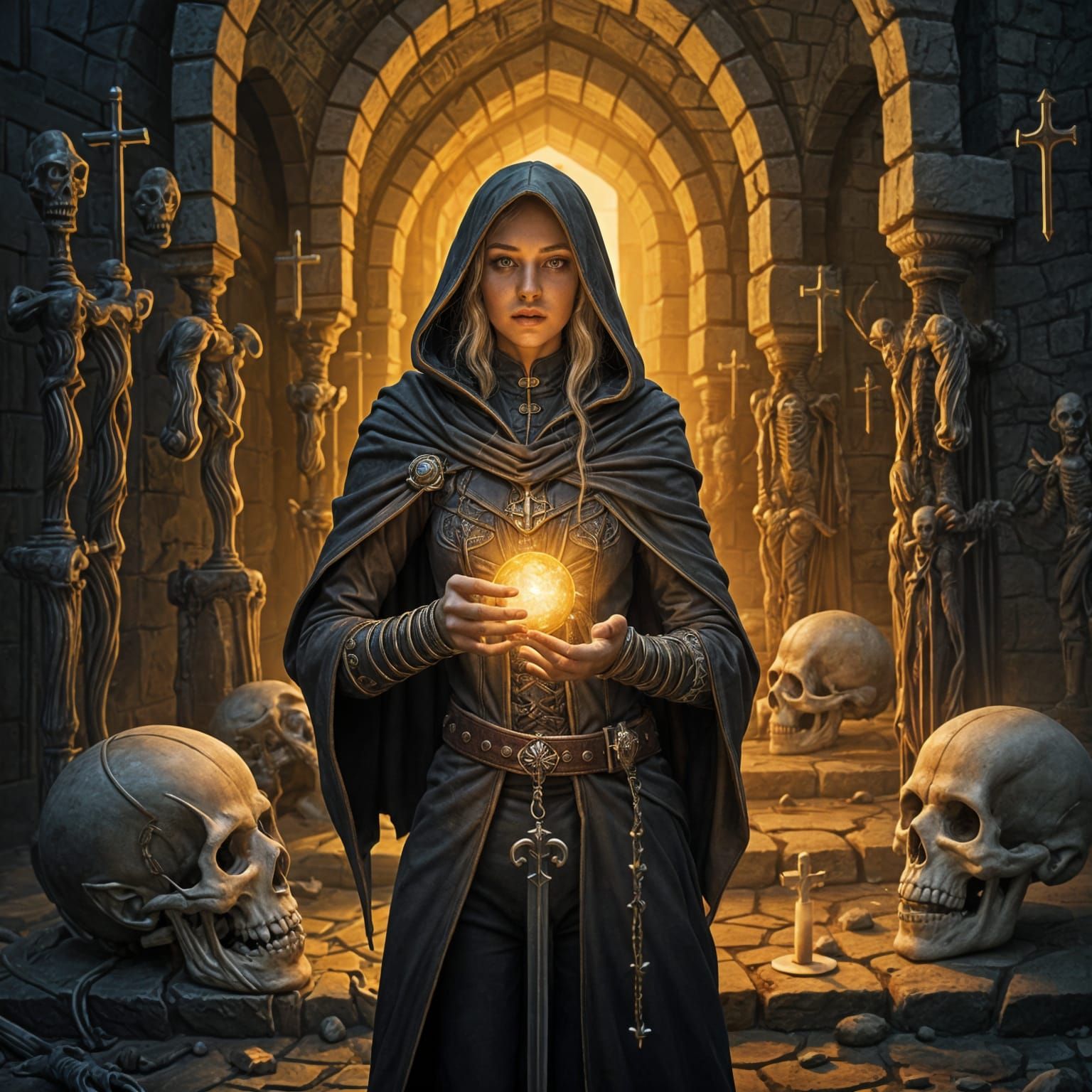 Half-Elf Warlock Casts Eldritch Blast in Crypt