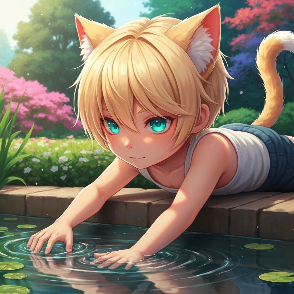 Hyperrealistic Chibi Cat-Boy Fishing in Garden Pond