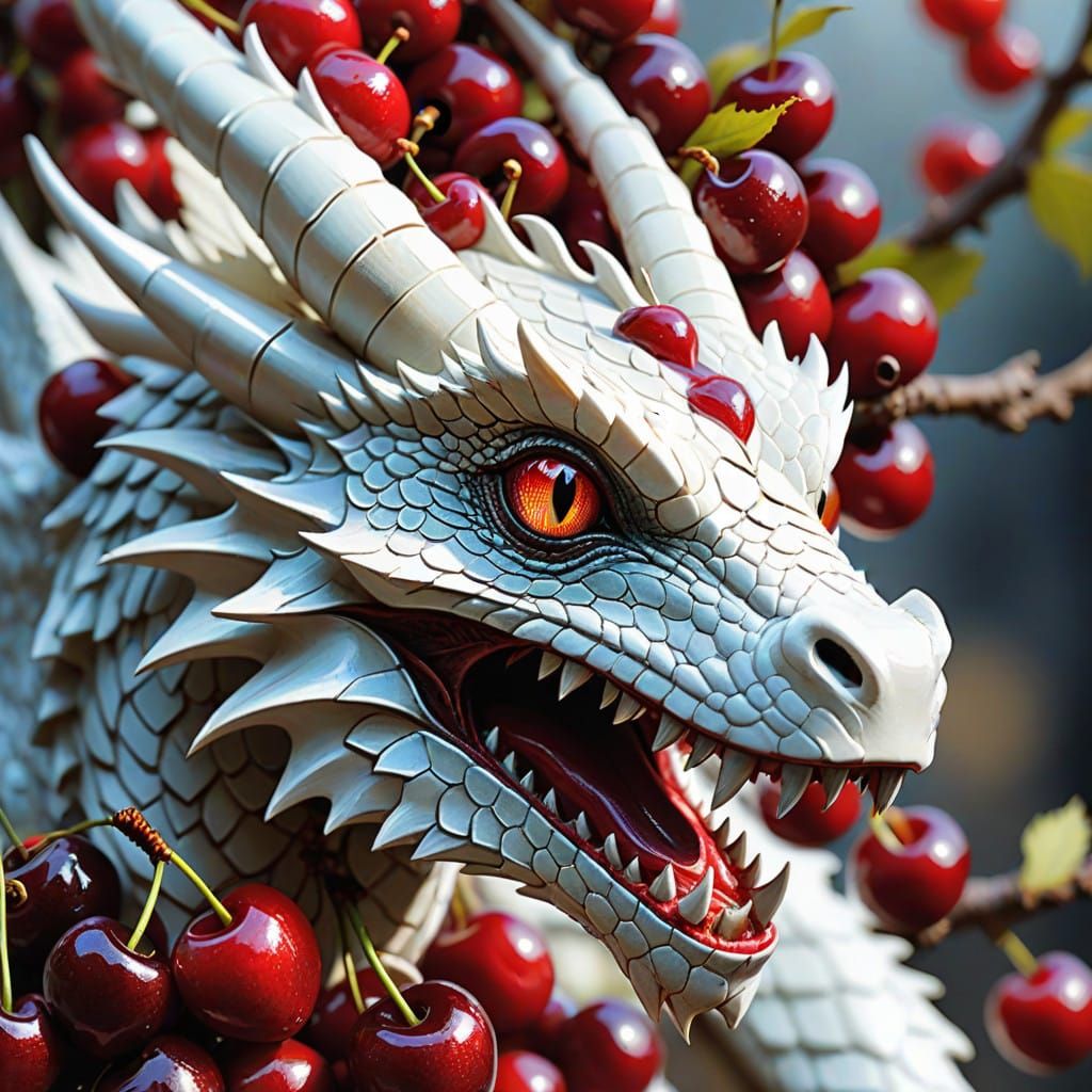 Surrealistic Fusion of Dragon and Cherry in Hyper-Realism