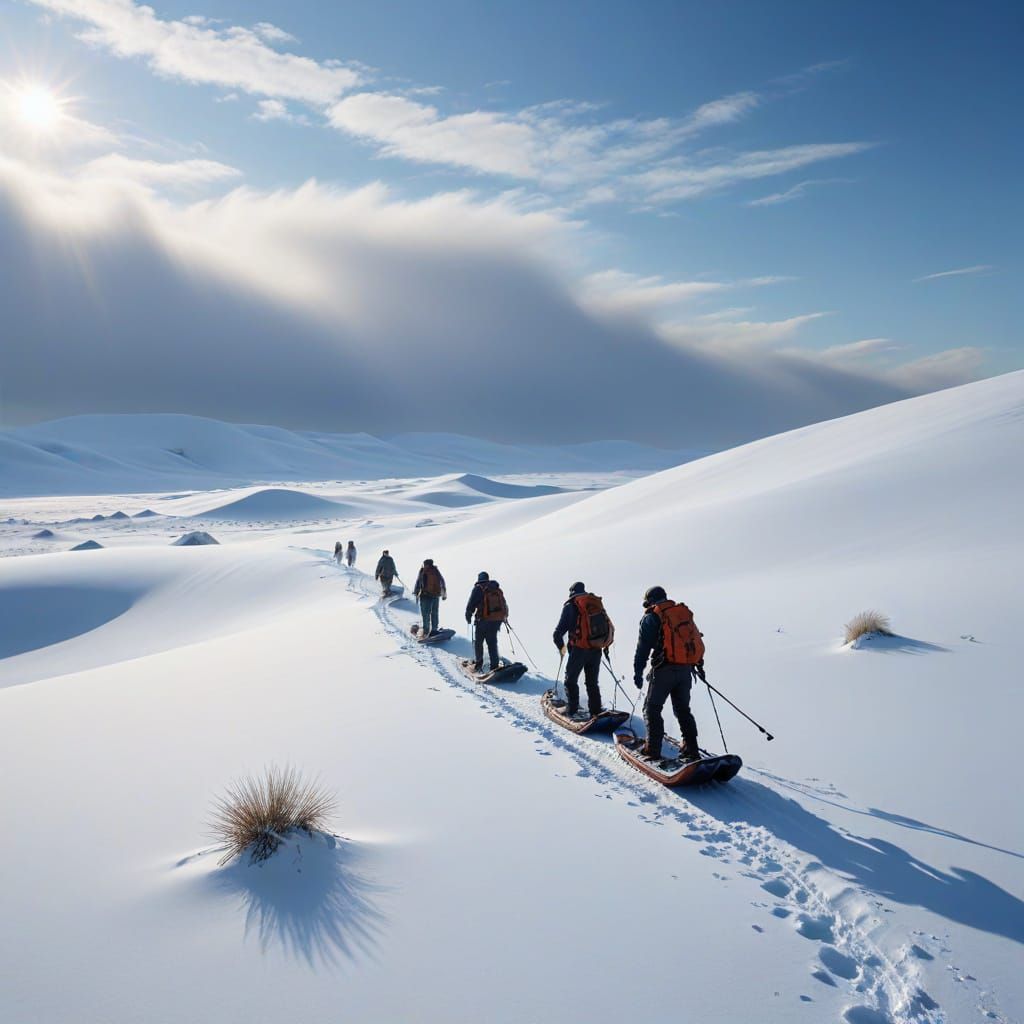 Explorers in Snow Desert Landscape