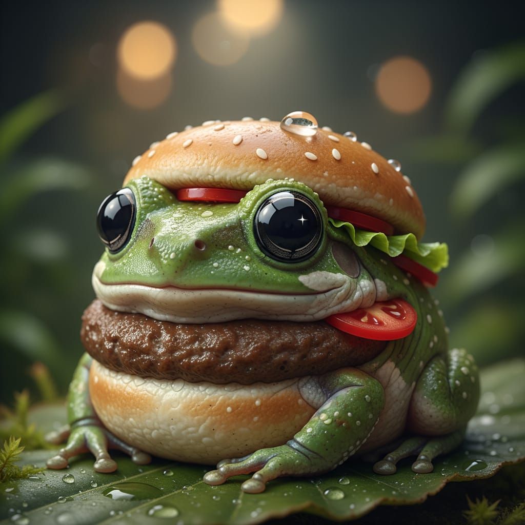 Hyperrealistic Frog with Kawaii Burger Features