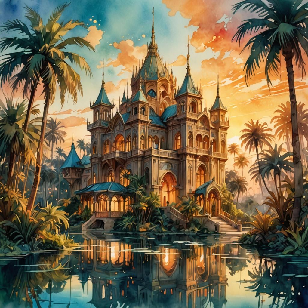 Elven Architecture and Palm Trees in Watercolor