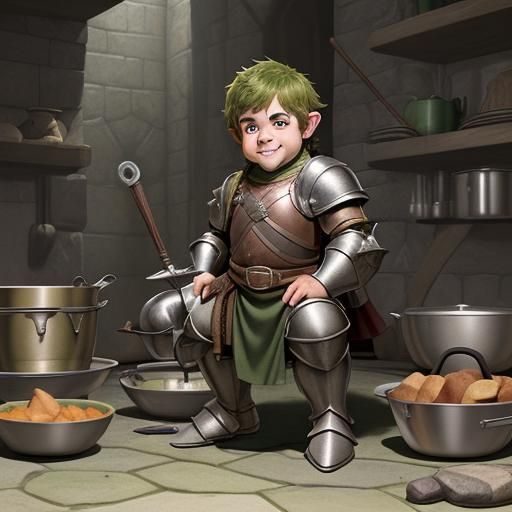Halfling Fighter with Cookware in Dungeon