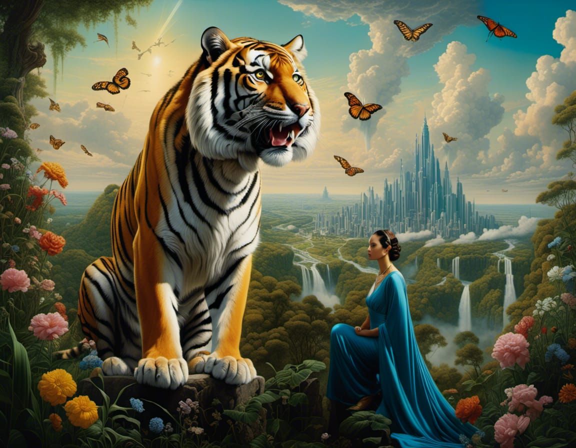 Majestic Bengal Tiger Hunting in Surreal Landscape