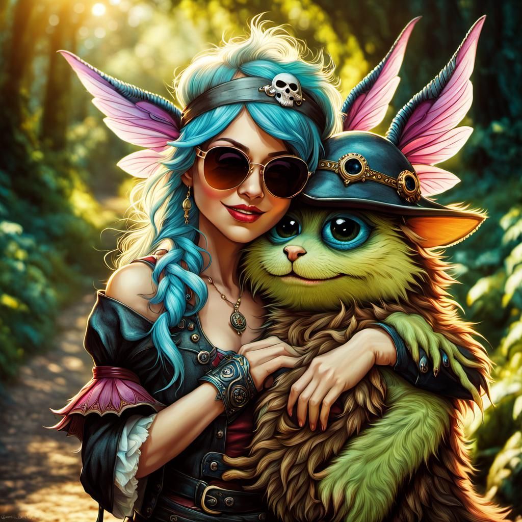 Happy Elven Pirate Fairy Hugging Furry Monster