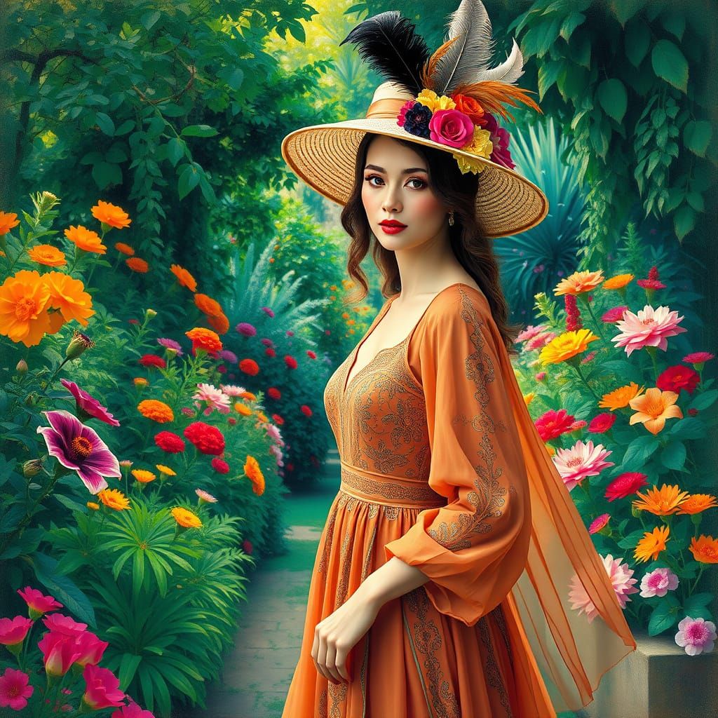 Elegant Woman in a Lush Garden, in a Fauvist-Inspired Portra...