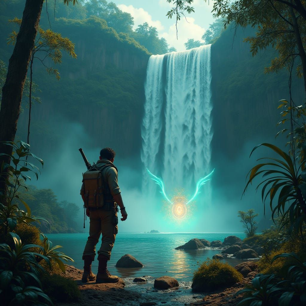 Rugged Explorer Discovers Glowing Crypto Amidst Waterfall