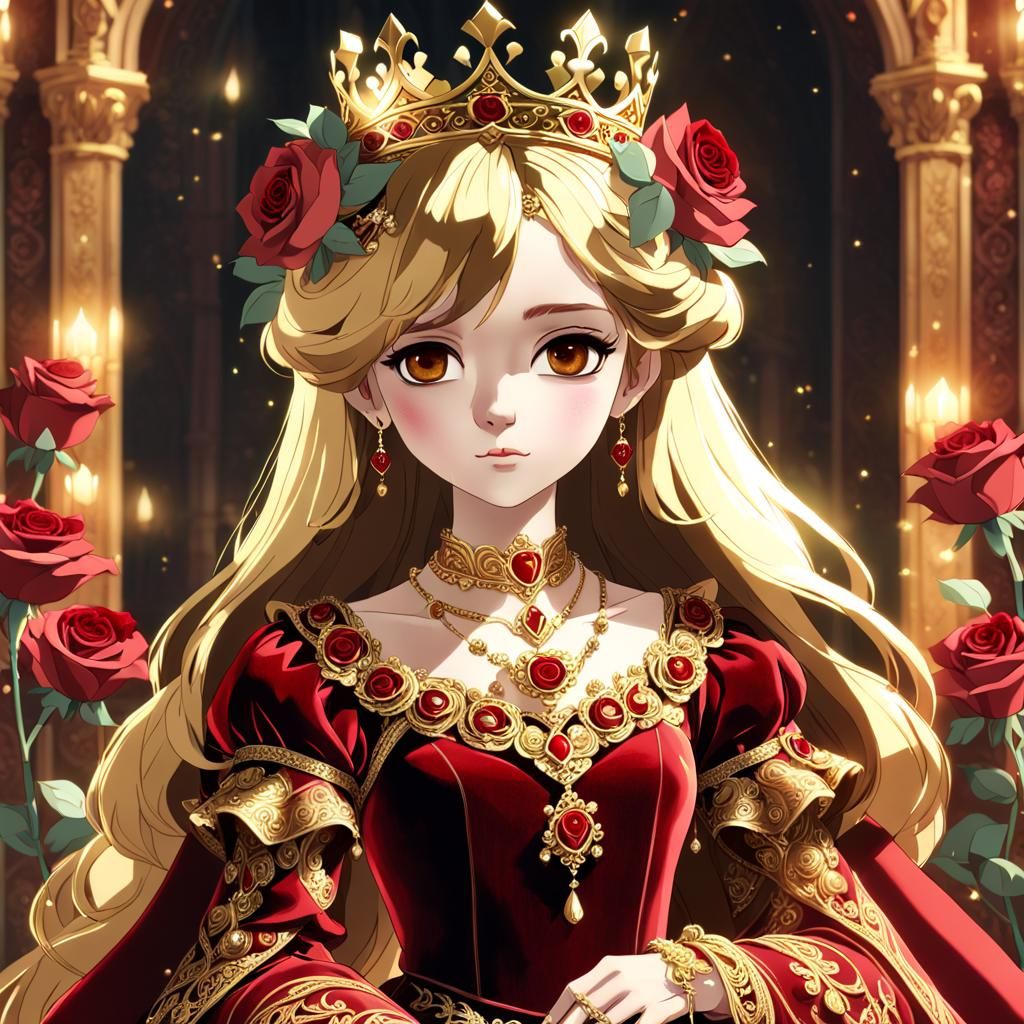 Renaissance Anime Princess with Dark Red Rose Dress