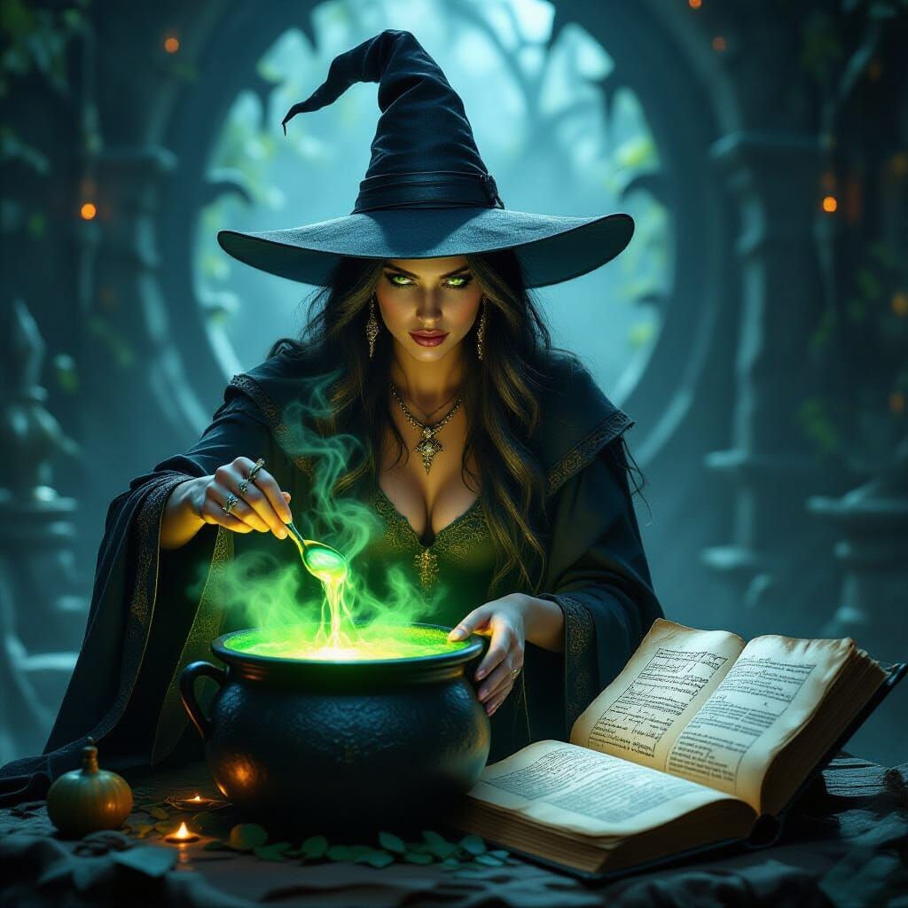 Mystical Witch Brews Luminous Potion in Dark Fantasy Art