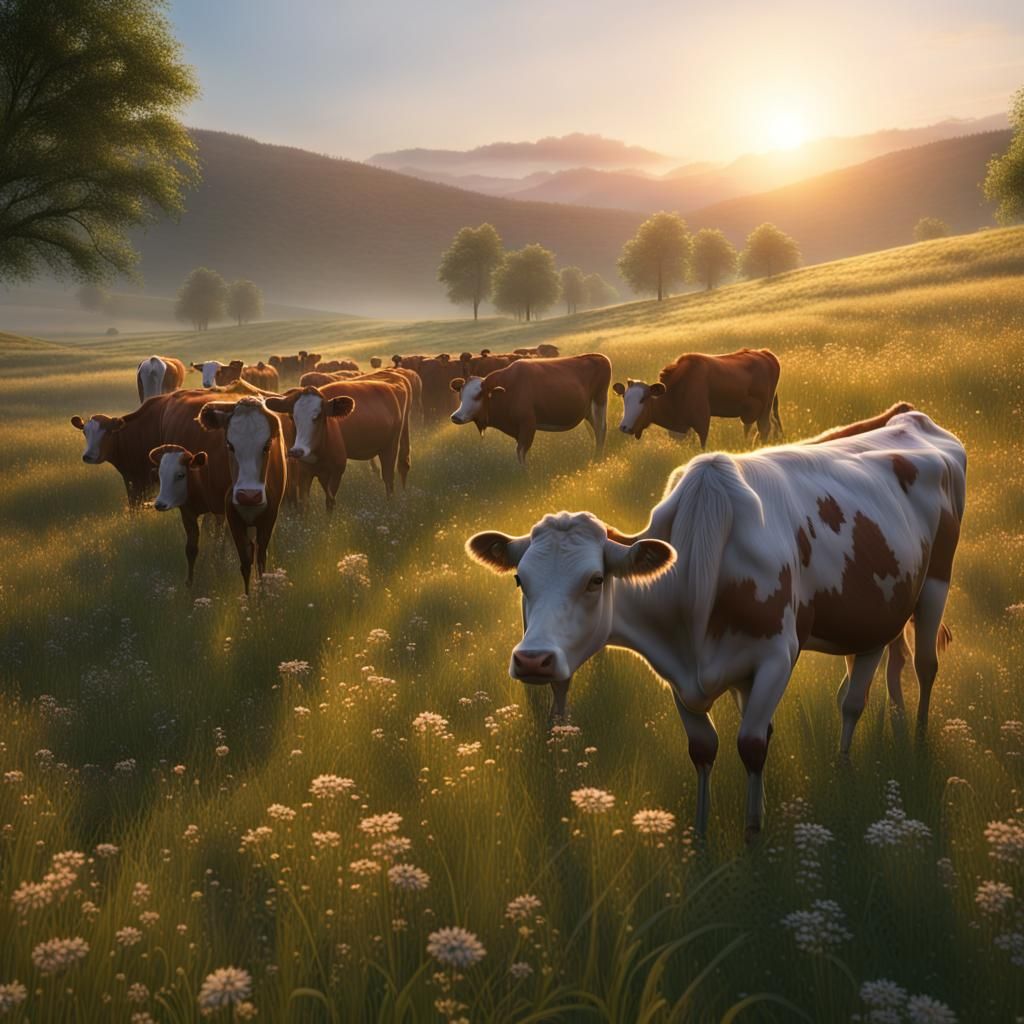 Cattle Grazing in Dewy Meadow at Sunrise