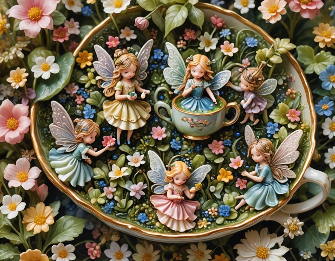 Fairies Tend a Teacup Garden: Miniature Oil Painting