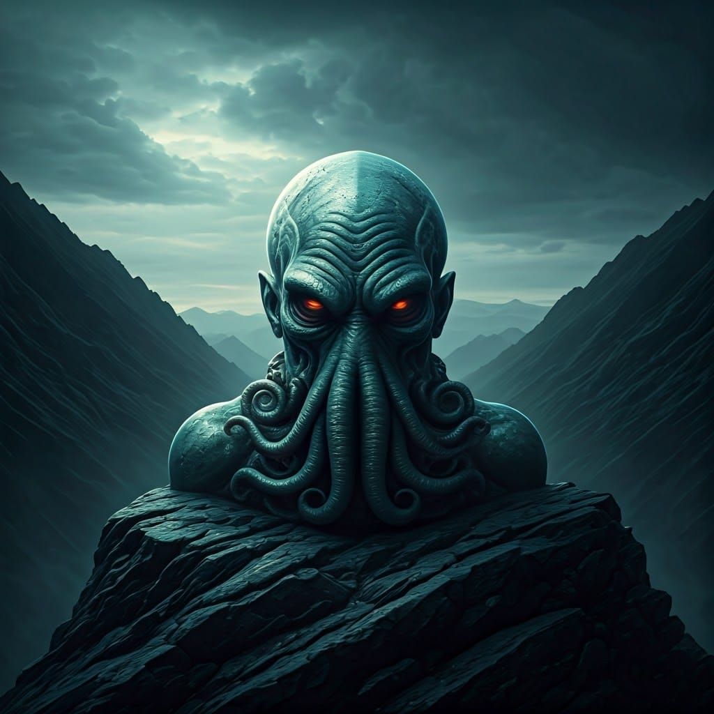 Eerie Mountainside Landscape with Cthulhu Vase