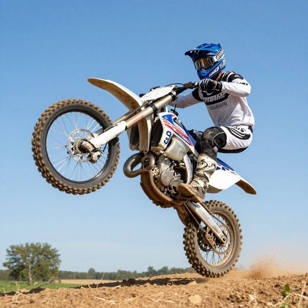 Motorcyclist Performs Epic Wheelie Jump in Dirt Bike Photo