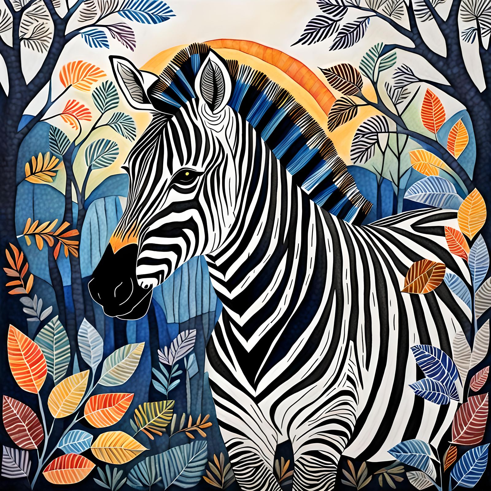 Zebra in Gond and Batik Style With Brushstrokes