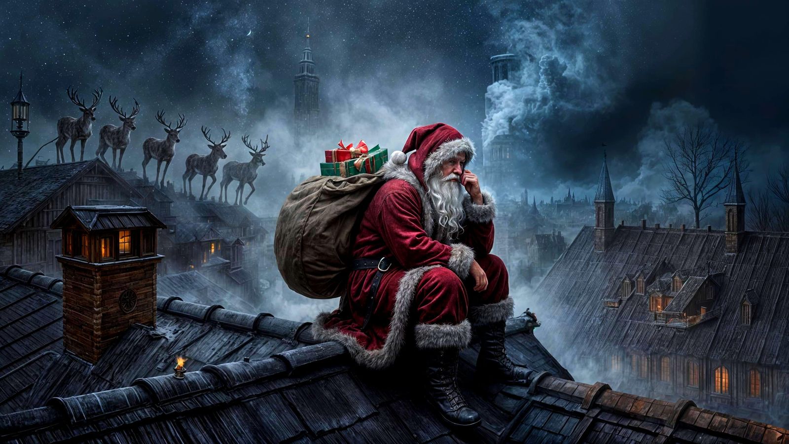Santa Claus on Rooftop in Gothic Fairy Tale Style